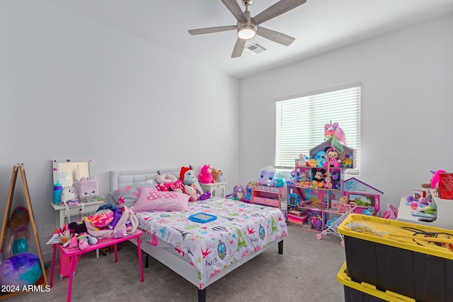 carpeted bedroom featuring ceiling fan