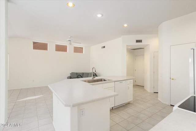 kitchen with sink, ceiling fan, dishwasher, light tile flooring, and white cabinetry