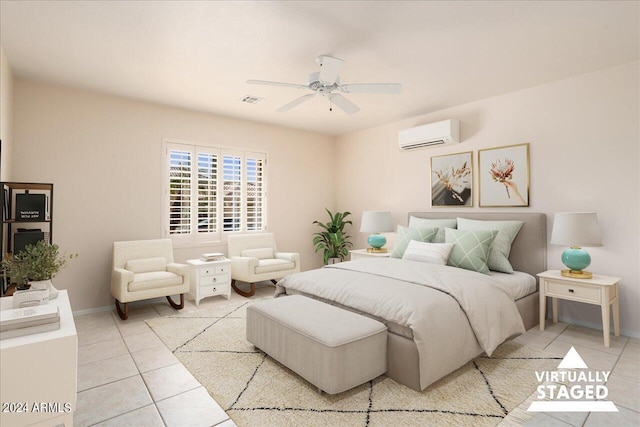 tiled bedroom with ceiling fan and a wall mounted air conditioner