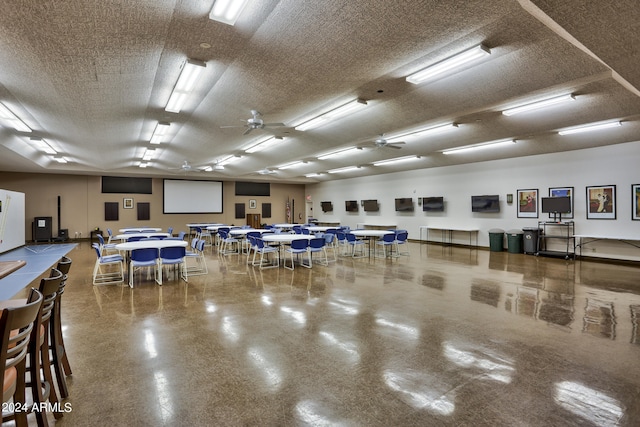 interior space featuring a textured ceiling and ceiling fan