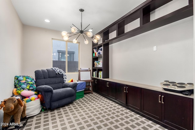 living area with light colored carpet and a chandelier