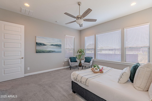 36169 N Serrano Ave, Queen Creek, AZ 85140 - bedroom featuring visible vents, baseboards, ceiling fan, recessed lighting, and carpet flooring