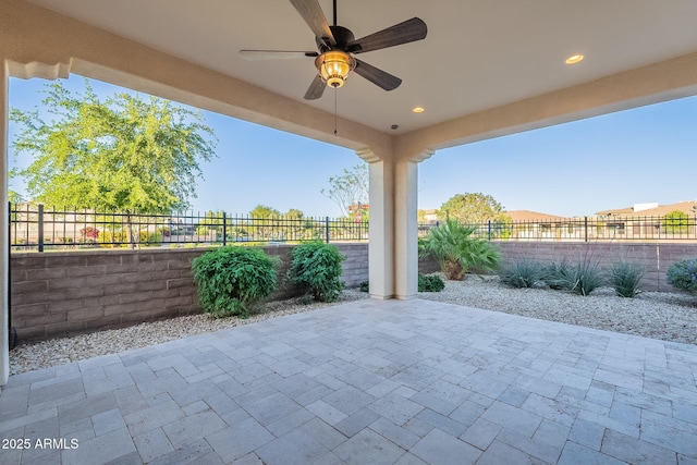 36169 N Serrano Ave, Queen Creek, AZ 85140 - view of patio / terrace featuring ceiling fan and a fenced backyard