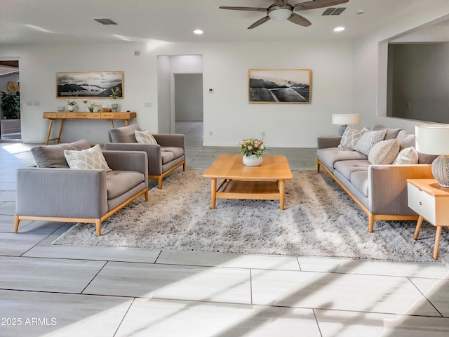 living room with ceiling fan