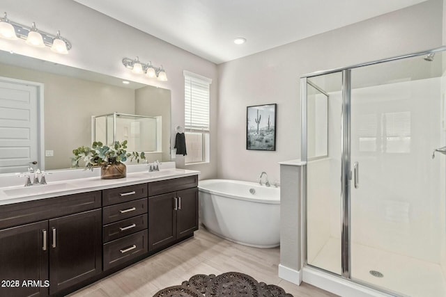 bathroom with a shower stall, a soaking tub, double vanity, and a sink