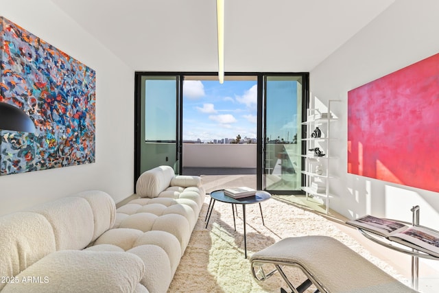 living room with a wall of windows