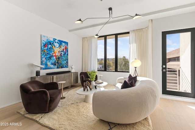 living area featuring wood finished floors and baseboards