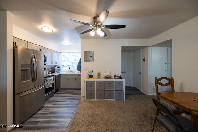 kitchen with gray cabinets, a ceiling fan, electric panel, a sink, and appliances with stainless steel finishes