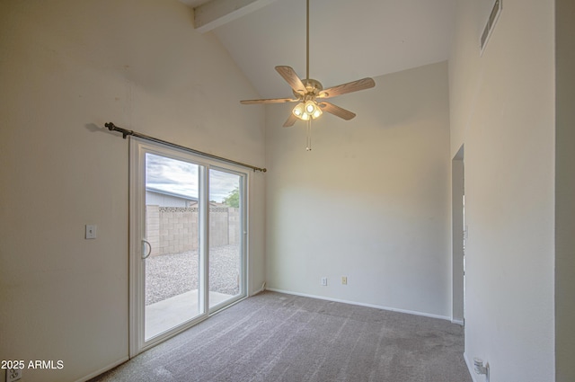 carpeted spare room featuring a ceiling fan, visible vents, beam ceiling, high vaulted ceiling, and baseboards