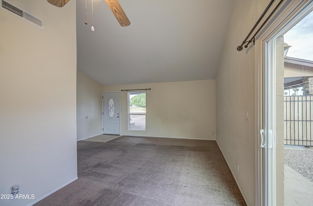 bonus room featuring carpet flooring, ceiling fan, visible vents, and vaulted ceiling
