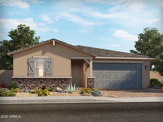 single story home featuring a garage, stone siding, and stucco siding