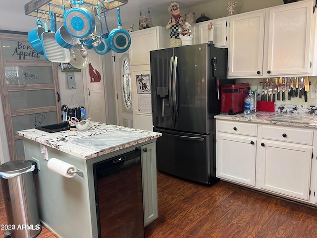 kitchen with white cabinets, beverage cooler, a kitchen island, dark hardwood / wood-style flooring, and stainless steel refrigerator with ice dispenser