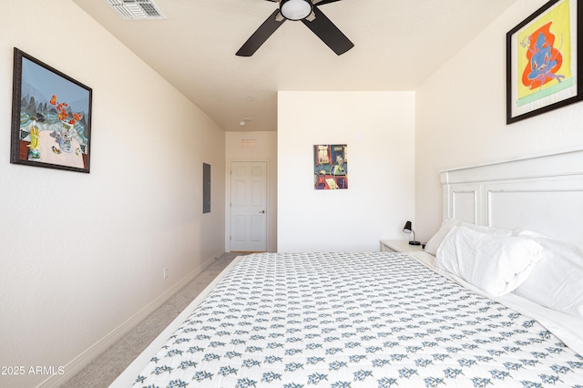 carpeted bedroom with electric panel and ceiling fan