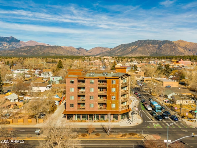 drone / aerial view featuring a mountain view