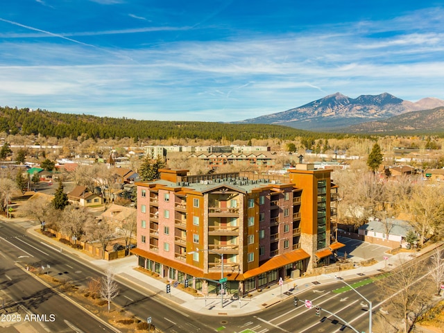 drone / aerial view featuring a mountain view