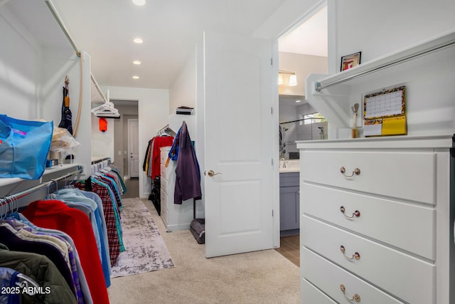 walk in closet with light carpet