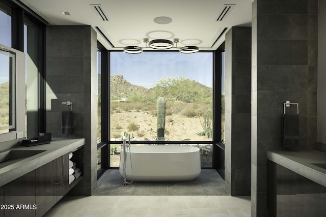 bathroom with plenty of natural light, a bathtub, expansive windows, and vanity