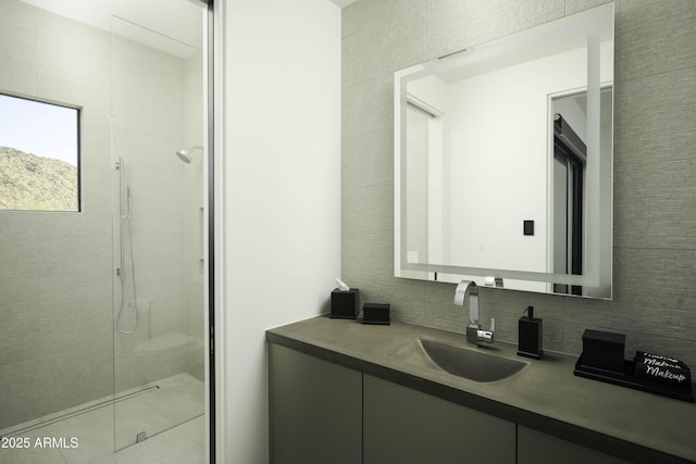 bathroom with tasteful backsplash, a shower, vanity, and toilet