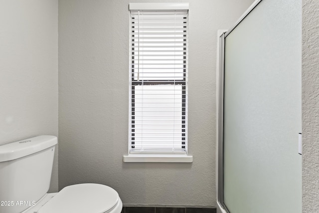 bathroom featuring a shower with door, toilet, and a wealth of natural light