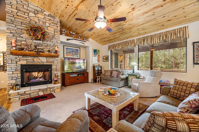 420 N Retreat Dr, Show Low, AZ 85901 - carpeted living area featuring lofted ceiling, wooden ceiling, a ceiling fan, and a fireplace