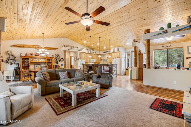 420 N Retreat Dr, Show Low, AZ 85901 - living room with a chandelier, wood ceiling, ceiling fan, light wood finished floors, and high vaulted ceiling