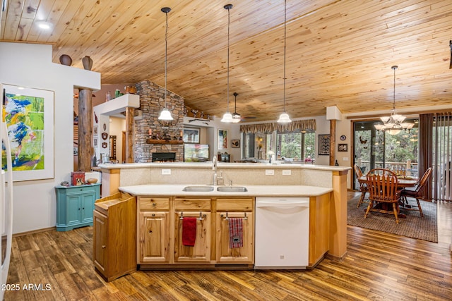 420 N Retreat Dr, Show Low, AZ 85901 - kitchen featuring dishwasher, open floor plan, a stone fireplace, a sink, and a chandelier