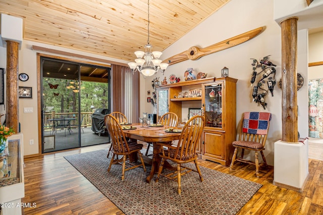 420 N Retreat Dr, Show Low, AZ 85901 - dining area featuring wooden ceiling, a chandelier, ornate columns, wood finished floors, and vaulted ceiling