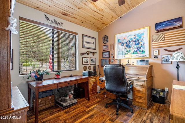 420 N Retreat Dr, Show Low, AZ 85901 - office area featuring dark wood finished floors, vaulted ceiling, healthy amount of natural light, wooden ceiling, and ceiling fan