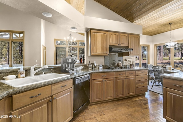 kitchen featuring black dishwasher, a sink, a chandelier, under cabinet range hood, and wooden ceiling