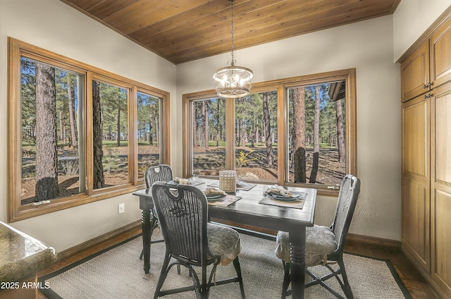 dining room featuring baseboards, plenty of natural light, dark wood-style floors, a chandelier, and wood ceiling