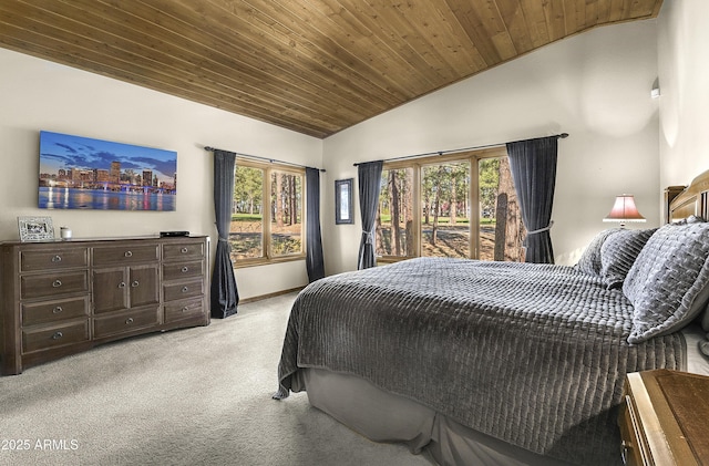 bedroom with lofted ceiling, light carpet, wood ceiling, access to exterior, and baseboards
