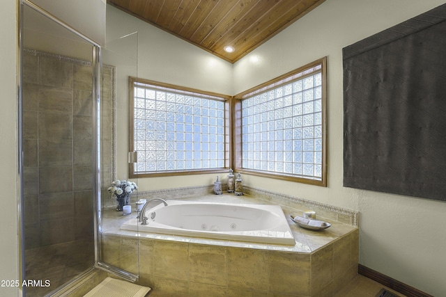 full bathroom with wooden ceiling, a shower stall, a jetted tub, and lofted ceiling