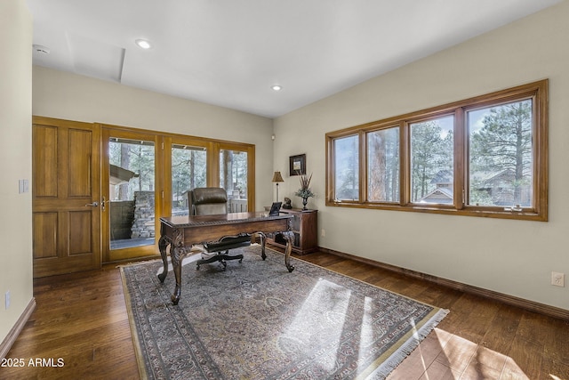 home office featuring baseboards, dark wood-style floors, and recessed lighting