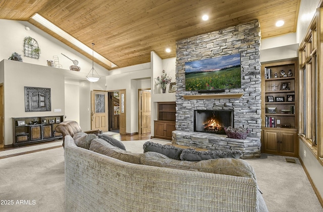 living room featuring wooden ceiling, a fireplace, high vaulted ceiling, light colored carpet, and recessed lighting