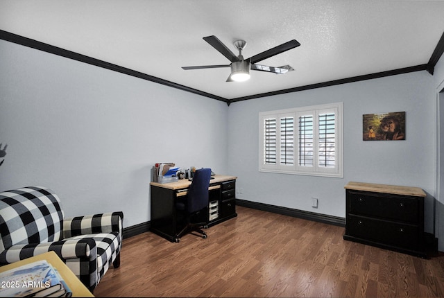 office featuring crown molding, dark wood-type flooring, a textured ceiling, and ceiling fan