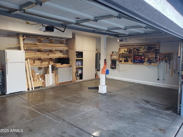 garage featuring a garage door opener and white refrigerator