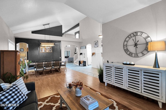 living room with hardwood / wood-style flooring and high vaulted ceiling