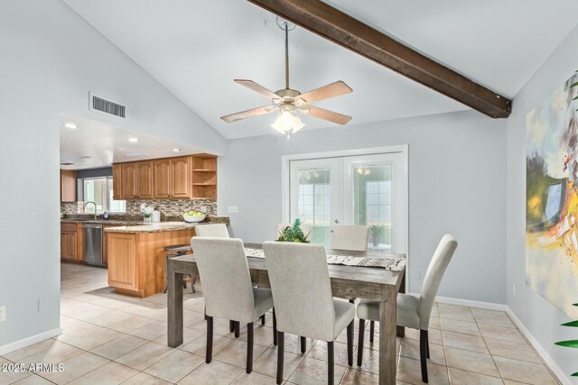18585 N 70th Ave, Glendale, AZ 85308 - dining area with baseboards, lofted ceiling with beams, a ceiling fan, light tile patterned flooring, and visible vents