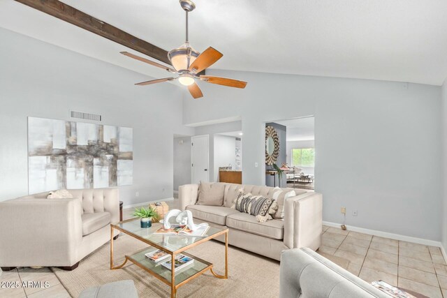 18585 N 70th Ave, Glendale, AZ 85308 - living area featuring visible vents, baseboards, a ceiling fan, tile patterned floors, and vaulted ceiling with beams