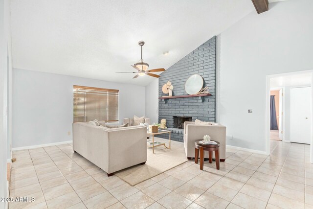 18585 N 70th Ave, Glendale, AZ 85308 - living room featuring ceiling fan, light tile patterned flooring, a brick fireplace, and lofted ceiling