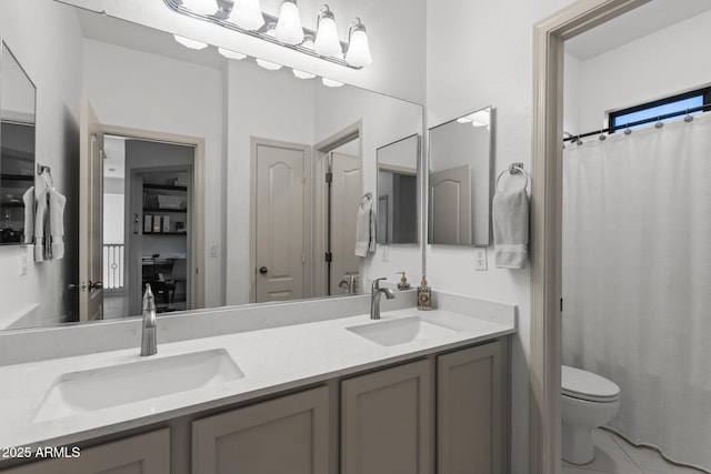 2533 W Novak Way, Phoenix, AZ 85041 - bathroom with toilet, double vanity, tile patterned floors, and a shower with shower curtain