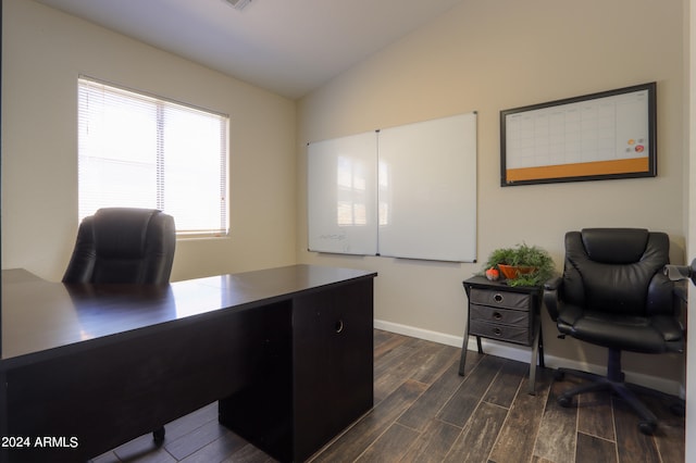 office with dark hardwood / wood-style floors and vaulted ceiling