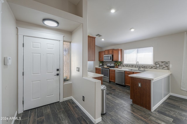 kitchen with decorative backsplash, appliances with stainless steel finishes, sink, and dark hardwood / wood-style flooring