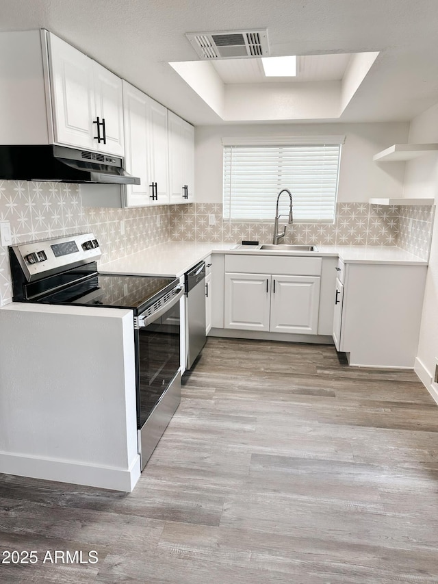 kitchen with stainless steel appliances, a raised ceiling, visible vents, a sink, and under cabinet range hood