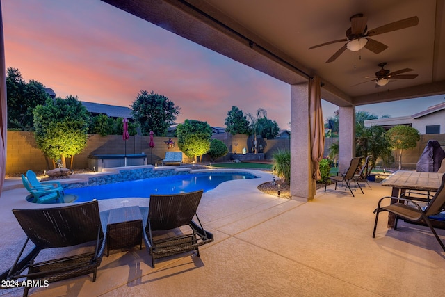 2728 W Adventure Dr, Anthem, AZ 85086 - view of swimming pool featuring a fenced backyard, a patio, a ceiling fan, and a covered hot tub
