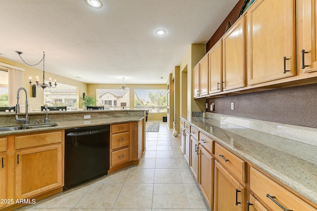 20454 N Palm Canyon Dr, Surprise, AZ 85374 - kitchen with an inviting chandelier, light stone counters, light tile patterned flooring, dishwasher, and a sink