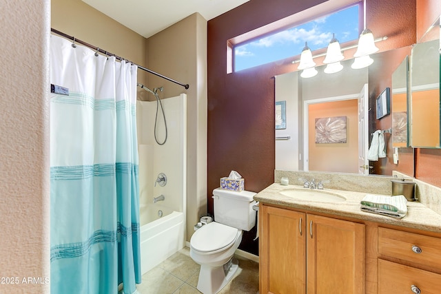 20454 N Palm Canyon Dr, Surprise, AZ 85374 - full bathroom with toilet, shower / tub combo with curtain, tile patterned flooring, and vanity
