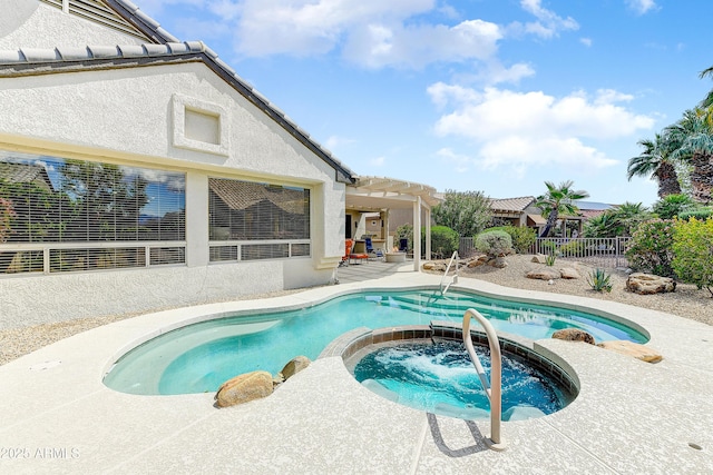 20454 N Palm Canyon Dr, Surprise, AZ 85374 - view of pool featuring a pergola, a patio area, a pool with connected hot tub, and fence
