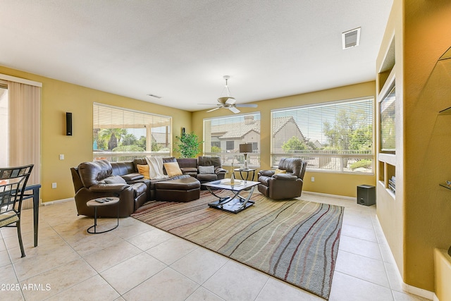 20454 N Palm Canyon Dr, Surprise, AZ 85374 - living area featuring visible vents, ceiling fan, light tile patterned flooring, and baseboards