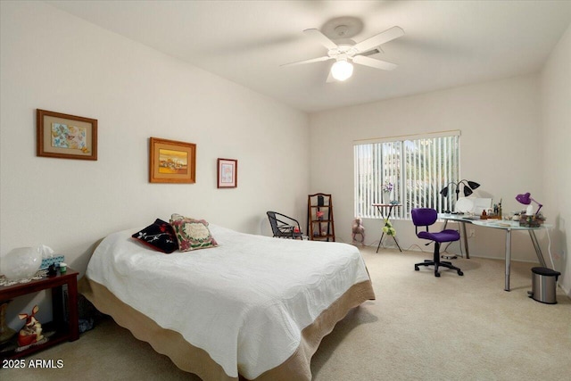 bedroom with light colored carpet and ceiling fan